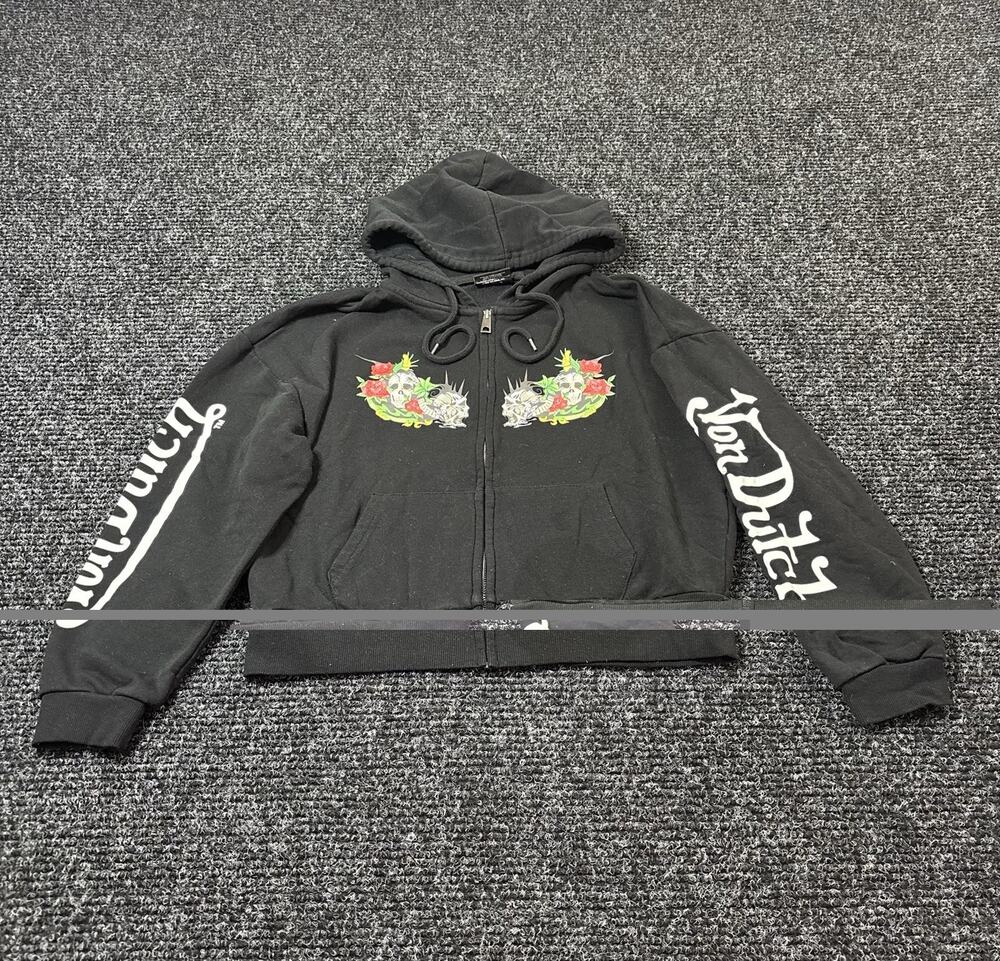Von Dutch Black Full Zip Hooded Hoodie Skull Graphic Logo Sleeves Pockets